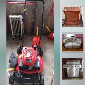 MaxSold Auction: This online auction features yard tools such as a leaf blower, gas lawnmower, whipper snipper, hedge trimmer and more, space heater, tools such as a miter saw, planer, table saw and handheld power tools, utility tables, custom speakers, automotive items, kitchen items such as a roaster, canning items, pots and pans, knives, stock pot, Coca Cola items and more, furniture such as freestanding cupboards, dining table and chairs, loveseat, roll top desk, armchair, beds, recliner, vanity, dresser and mirror, highboy, nightstands, headboard and more, sleigh, prints, milk can, wheelbarrow, columns, books, mirror, wreath, file folders, vases, TV, audio equipment and much more!