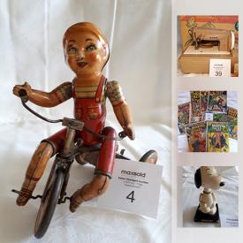 MaxSold Auction: This online auction features Schuco Key Wind Car, tin wind up, NASA Man on the Moon cards, Comics, Cast Bank, Johnnie Walker figure, Vintage Childs Singer Sewing Machine, Mid Century Modern Lamp, Hoselton Goose Sculpture, Vintage Snowshoes, Vintage Sled and much more!