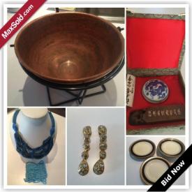 MaxSold Auction: This auction features black fabric chairs, zebra stool, Chinese seal, crystal blue bowl, crystal vases, coronet porcelain, salad bowl, BBQ tools, purse, jewellery, earrings with crystals, roller blade pads kit, lot of garden tools, vintage jewellery, pendants, and much more!