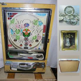 MaxSold Auction: This online auction features Antiques such as an oriental rug, Edith Kakas Horse Chestnut Tree hand painted china tray and lithographs. Vintage Pachinko machine; piano sheet music and suitcase. Art such as a signed Kathleen Macy Finn, signed Mary Vickers 3 D art and ebony carvings. China includes 16 pieces vintage Ridgway "Heritage" dishes. A Yamaha keyboard. Collectible Goebel figure and ephemera - newspapers headlines and Life magazines; Red Sox memorabilia; LP's; a vintage quilt; Japanese wedding kimono; 50's / 60's Nancy Ann dolls. Electronics include Wii accessories and XBox / PS games. Tools such as a never used Skilsaw chainsaw and Ryobi circular saw and more!