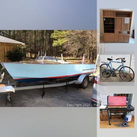 MaxSold Auction: This online auction features a custom handmade mahogany 19ft. replica of a 50's classic Chris Craft speed boat. Shop tools such as a Porter Cable Router and bits, DeWalt Table Saw, Skil Band Saw, Acetylen / Oxygen Welder, 2-ton engine hoist, Haul mate and Reece chain hoists, Halogen work lights. Dining room Furniture suite, bookshelves, drawing table. Yard and Garden such as a Poulan chainsaw, Mantis tiller and more!