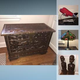 MaxSold Auction: This online auction features Carved African Trunk, Tiffany Style Lamp, Airplane Lamp, African Carving, area rugs and much more!