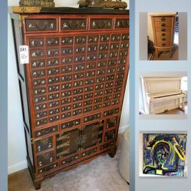 MaxSold Auction: This online auction features Wood Console Table, Painted Wood Console, Art, Antique Upright Piano, Asian Apothecary Chest, Gym Equipment and much more!