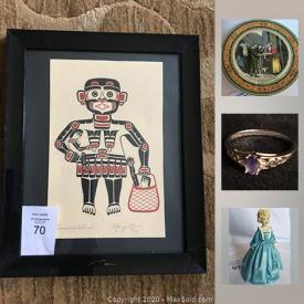 MaxSold Auction: This online auction features Art by artist Sue Coleman, limited edition Serio lithograph, Oriental hand-stitched banner, tribal masks and more! Hand-blown, mouth-blown and hand-cut art glass, barware and Bohemian pieces. Collectible ceramics; Pimpernel placemats; copper; marbles and die cast cars; Bosson chalkware; Royal Worcester and Royal Doulton figurines; Collectors' plates. Blue Mountain Pottery and Capodimonte. Jewelry includes a 14K white-gold, diamond and amethyst ring, sterling silver and costume pieces. Vintage fishing gear and much more!