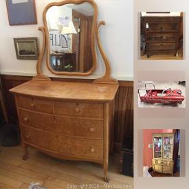 MaxSold Auction: This online auction features Antique books, childs desk, chair and rocker, tools, iron trundle day bed, Dutch motif boxes, oriental tea service items. Furniture such as Pierre Paulin "tongue chairs and ottoman,' vintage bar cabinet, several Hitchcock pieces, birdseye maple dresser, Globe-Wernicke Barristers bookcase. Vintage toys - steel firetruck pedal car, panascopic model books, many cars and trucks by Tonka, Tootsie, Matchbox and Lesney; homemade wooden blocks. Rustic wooden chicken coop / wooden clamps; steel dairy jugs. Vintage Keystone Regal 8mm projector, WWII small craft navigation device; Pyrex; ladies hats, sweaters and wedding dresses; table linens; fossils / minerals / rock samples. Collectible Avon, old bottles; copper / bronze; Royal Copenhagen plates / hand bells/ Lenox "cream ware" decor. Lenox "Windsor" and Tuxedo" CHINA dish sets; Walker china for Hartwell Farm dish set; Hutschenreuther dishes; Hanley flow blue washstand set; Italian Verbano Laveno and Japanese luster ware tea sets; "Minuet" china service for 8, plus extras; Villeroy and Boch "Wild rose" dishes. Antique green GLASS / Galway CRYSTAL; painted "dogwood" pitcher and glass set and Orrefors perfume bottle. Oriental rugs and Waterford lamps. Jewelry such as pearls, Lapis and coral necklaces with precious clasps, costume pieces and much more!