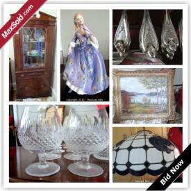 MaxSold Auction: This auction features original art, prints, Royal Doulton figurines, Waterford crystal, rocker, side chair, crystal, vintage ceramics, vintage Asian decor, side board, china cabinet, display cabinet, high boy dresser, freezer, sideboard, garden tools, and much more!