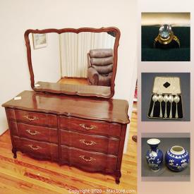 MaxSold Auction: This online auction features Furniture such as a mahogany dining room suite, Arts & Crafts style end table, Malcolm dresser, Century Asian styled sideboard, a vintage glass-front sideboard, Drexel chest of drawers and more! Tools such as a Rigid table saw and tool boxes with tools. Sterling silver spoon, dresser jar and women's jewelry. Collectible signed art pottery; eggs / stamps / coins / bank notes. Vintage furs. Signed watercolours and oils and much more!