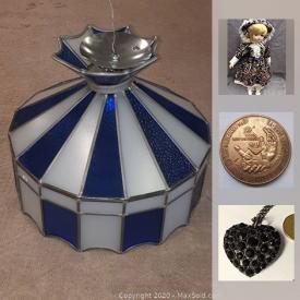 MaxSold Auction: This online auction features Leaded Stain Glass Lamp, Octoberfest Coin, Sterling Silver Jewelry, Coins, Antique Sterling Silver Pendant, Vintage Duck Teapot, Gold Evening Bag, Porcelain Doll, Art Glass Heart Shaped Pendant, Ruby Cabochon, Costume Jewelry, Women's Sukura Watch and much more!