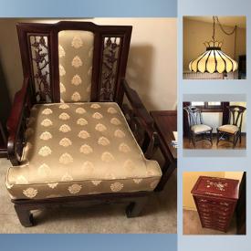 MaxSold Auction: This online auction features Rosewood Chair, Watercolor, Barbies, Wall Hanging Silk Tapestry, Rosewood Couch Love Seat, Tiffany Glass Style Lamp, rugs and much more!