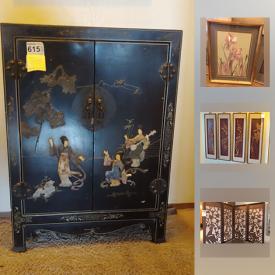 MaxSold Auction: This online auction features Framed Asian Art, Asian two door cabinet, painted black with 3D embellishment, Asian sideboard with center cabinet and lower drawer, and three drawers, Queen size bed frame and wooden headboard and much more.