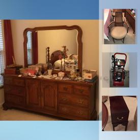 MaxSold Auction: This online auction features Furniture such as American Furniture Co. of Martinsville dining room table and chairs; Pier One table and chairs, patio table and chair set; Haverty's loveseat; Thomasville full bedroom suite; curios, bookcases, entertainment unit and more! Craftsman rolling double tools chest and tools. Many lots of golf clubs, bags, caddies and a golf ball washer. Electronics include Symphonic 15", Sylvania 20" and Panasonic TVs; Aiwa stereo system; desk top computer, printer; Sony VHS and Toshiba DVD players. Yard tools. Charbroil BBQ. Collectible elephant themed and more!