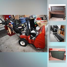 MaxSold Auction: This online auction features a Toro PowerMax 7240E Snowblower and 6TS 6.0 HP mulching lawnmower. Shop tools include a Craftsman rout-a-sign sign maker, Orbital sander, auto roller saw; Westinghouse table saw; rolling workbench, clamps; Inchmate construction calculator. Exercise equipment such as a PaceMaster Silver Select XP Treadmill, HealthCare 332e Rowing machine. Vintage Morris upright piano and school desk. Much for Kids including a modular outdoor play structure, toys and more!