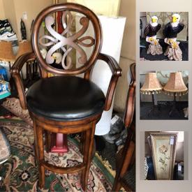 MaxSold Auction: This online auction features Furniture such as an tapestry upholstered armchairs, a pair of swiveling bar stools, wooden kitchen island and green leather loveseat. Many area rugs. Electronics include a Wii Fit Plus, Philips DVD surround sound system, JVC stereo system. Exercise equipment such as a never used AB Lounge, Gazelle Super Pro and Weslo Cadence Treadmill. African themed wooden statues. Yard and Garden items and more!