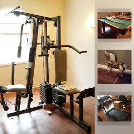 MaxSold Auction: This online auction features a whole kitchen of cabinetry. Exercise equipment such as a Weider Home Gym, Nordic Track Treadmill and Vitamaster stationary Bike. Furniture includes 3 dining table and chair sets, patio pieces including a bar with stools, bedroom pieces including vintage dressers and a vanity. Audio / Visual / Gaming Electronics. Recreational such as a 3/4 size pool table and accessories and a air hockey table. Sporting goods. Tools such as a wall-paper stripper and Rona tile cutter. Limited edition signed prints by Tammy Laye and R. Parker. Cranberry GLASS and Crystal serving pieces. Tianshan China. Collectible carousel type horses; LPs; sport memorabilia; brass / copper / silver plate flatware; thimbles / bells / decor plates and more!