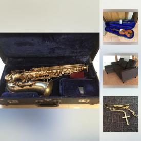 MaxSold Auction: This online auction features a Menzel violin, clothing, iron and ironing board, medicine cabinet, art, humidifiers, chafing dishes, frames, vintage Vanhall saxophone, Birks silver and silver leaf mirrors, gold jewelry, Limoges, rugs, pet supplies, books, camping items, luggage, queen bed, TV, EQ3 couch and more!