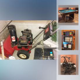 MaxSold Auction: This online auction features a Toro Snow Blower, yard tools.  Brinton bumper pool table, video slot machine. Rossignol 73" skis, bindings and poles; golf clubs and Vagabond golf bag on cart; skates and bowling gear. Exercise equipment such as a Health Rider, Body by Jake Ab Machine. Furniture such as a contemporary dining room suite, bedroom pieces and metal office furnishings including a MCM desk. Vintage chandelier; MCM ceramics. Electronics include an Element 32" HDMI HDTV, Toshiba TV and Ultra vision Digital 60" TV. Collectible stained glass, Hummels, model ships, ephemera - newspaper headlines, souvenir spoons and sport memorabilia and more!