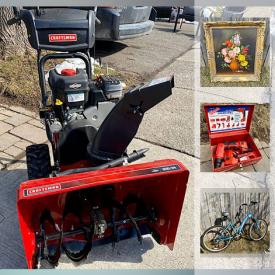 MaxSold Auction: This online auction features Liberty Electric Trike, Wood Sampler Coffee Table, Nautical Sextant, Chris Craft Boat Model Kit NIB, Persian Carpets, Snow Blower, Lawn Mowers, Victor Vasarely Prints, Portable Washing Machine, Wet/Dry Vac NIB, Small Kitchen Appliances, Wayne Gretzky Memorabilia, CFL Collectible, Power Tools, PT-109 Working Model, Vintage Nintendo Gameboy and much more!