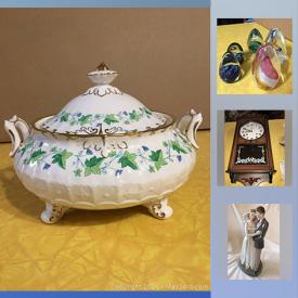 MaxSold Auction: This online auction features a set of Royal Crown Derby "Medway" serving pieces and dishes. Glass such as paperweights, art bowl and decanters. Collectible cars, sports memorabilia, train-themed items, china floral brooches, circulated stamps and a Goebel wedding figurine. Vintage Japanese paper lanterns, compacts and sewing patterns. Ladies vintage costume jewelry and some sterling silver and more!