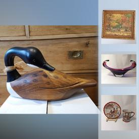 MaxSold Auction: This online auction features Burl Wood Walking Sticks, Working Duck Decoy, Vintage Books, Coins, Silver Bar, Art Glass, Carved Wood Bird Sculpture, Signed Studio Pottery, Cranberry Glass, Lego NIB, Royal Albert English Bone China, Vintage Marigold Carnival Glass, Collector Spoons, Military Cloth Patches and much more!