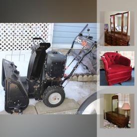 MaxSold Auction: This online auction features yard items such as snow blowers, lawn mower, watering cans and planters, picnic table, garden tools, car jack and more, air compressor, table saw, tires, wooden boxes, furniture such as a corner shelf side table, demi-lune table, tray table, tub chair, folding chairs, Dielcraft dresser, dresser with mirror, bed frames and more, lamps, figurines, vintage tray, washboard, christmas ornaments, religious items, guitar, vacuums, electronics, hardware and tools, cooler, power tools, nailer, storage boxes, barbecue and tools, bookcase and books, radio, small kitchen appliances, refrigerator, kitchenware such as pots, pans, roasting pans, trays, coffee pot, dishware, glassware, microwave, Tassimo, flatware, canisters and more, vacuums, games, children's toys, Wade figurines, healthcare items such as a walker, canes, toilet riser, transfer chair, first aid supplies and much more!