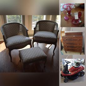 MaxSold Auction: This online auction features TVs, stacking washer & dryer, garden tools, push mower, antique dresser, riding lawnmower, Parquet flooring, hand tools, Royal Crown Derby China, cranberry glass, teacups, vintage floral prints, small kitchen appliances, printer and much more!