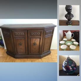 MaxSold Auction: This online auction features Furniture such as a Drop leaf solid Maple table and vintage balloon-back chairs, retro, etched glass sliding door cabinet; Vintage china and stoneware including MC decanters and stoneware canister set; household items such as retro aluminum serving pieces. Singer sewing machine; Yard and Garden supplies and decor and more!