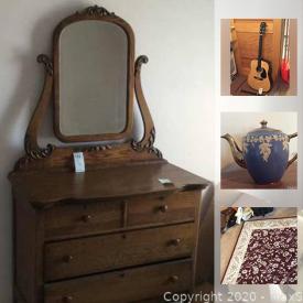 MaxSold Auction: This online auction features an Antique oak dresser with mirror. A Vintage oak secretary and sled. Art such as Parisian market scenes. Fender Squire acoustic guitar and recorder. China includes Blue and white / Willow ware; Marcrest / Hull brown glazed; tea cup sets; Asian - Dragon ware, lustre, Nippon; Franciscan "Deset Rose" dish and Stangle "Orchard Song" dish sets and many serving pieces and "one of's." Green GLASS, Indiana glass, milk glass cake stand and bridal basket. Costume jewelry. MUCH yarn. Electronics such as a Sanyo TV, Compaq 18.5 in. monitor and keyboard, hp printer. Skilsaw circular saw. Ladies Schwinn 3-speed bicycle / golf clubs / badminton and more!