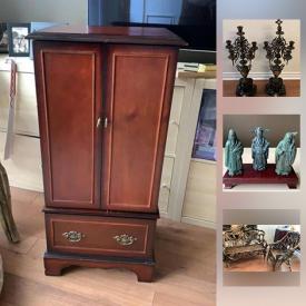 MaxSold Auction: This online auction features jewelry, figurines, jewelry chest, twig chairs, Venetian mask, Ikea shelving, Japanese incense jar, french tapestry, Louis XVII style footstool, framed pictures, small stand, light fixture, Bertoia chairs and much more!