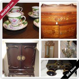 MaxSold Auction: This auction features Asian cabinet, vases, wing chair, punch bowl, Royal Doulton, china assortment, office unit, French style antique tables, barometer, antique walnut inlayed side table, white board easel, Christmas decor, designer shoes, white fox jacket, crystal glasses, brass candle sticks, shop vac, silver plate serving pieces, meg-a-que, and much more!