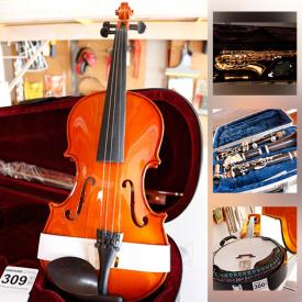 MaxSold Auction: This online auction features a large collection of musical instruments such as acoustic and electric guitars, Saxophones, flutes, bass sax, Samick banjos, drums, alto clarinet, Yamaha porta sound, Adam mixer, violin and viola, trumpet, amps and woofer, Musical instruments cases, parts, tools and much more.