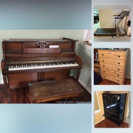 MaxSold Auction: This online auction features furniture such as a rocking chair, dresser, changing table, chest of drawers, bedframe, loveseat, white cabinet, headboard, loveseat, corner desk, hutch, entertainment unit, vintage bar cart, console table and more, gold and sterling jewelry, stereo equipment, collectibles, beginner guitar, violin, bike items garden tools, shop vac, ladder, microwave, cameras, disney photos, beanie babies, lamp, stationery, dishes, china, glassware, fireplace tools, toys, books, home health, gaming items, baskets, treadmill and much more!