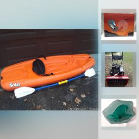 MaxSold Auction: This online auction features Vintage Bicycles and bicycle parts, a Solo kayak and paddles, 2-piece ping pong table and accessories, basketball goal, squash and tennis rackets. A violin and bow in case. Art such as Inuit prints, stone / glass carvings and a framed textile and more!