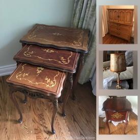 MaxSold Auction: This online auction features Royal Doulton figures, lamps, furniture such as a loveseat, walnut dresser, tallboy, MCM Teak wall unit, Sheraton style hall tab,e antique dresser and much more!