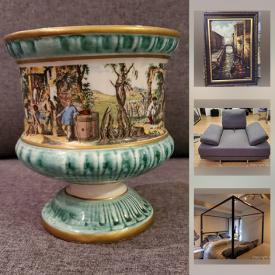 MaxSold Auction: This online auction features furniture such as contemporary sofa and armchair, MCM glass coffee table, modern dresser and side tables, modern queen iron bed frame, bar stool and more, jackets and coats, lamps, paintings, Majolica, karaoke microphone, figurines, decorative plates, food processor, decor and much more!
