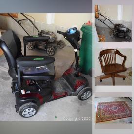 MaxSold Auction: This online auction features artworks, furniture, lamps, bar stool, kitchenware, glassware, dishware, pottery, watercolour, CDs, DVDs, dehumidifier, Mobility scooter, lawnmower, vacuum, books, rugs and much more.