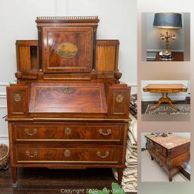 MaxSold Auction: This online auction features furniture such as an antique sideboard, table, chairs, console table, antique desk, Louis XV bombe commode, settee, high-end Italian leather couch, roll top desk, dresser, night tables and more, rugs, art, lamps, mirrors, treadmill, recumbent bike, china, lambskin rug, paintings, cut glass, silver plate and much more!