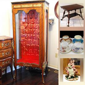 MaxSold Auction: This online auction features furniture such as marble top side table, antique table, and French corner cabinet, collectibles such as Coalport, Wedgwood, silver plate items, fine china, and Capodimonte, art such as oil on canvas and framed prints, table lamps, vintage lanterns, chandelier, gilt decor, area rugs, porcelain ware, photography equipment, NIB backpack chairs, home decor and much more!