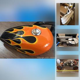 MaxSold Auction: This online auction features Neon bar signs, bicycle parts, dog kennel, racing fuel cell, bike trainer, car parts, car flip down monitors, tools, dirt bike parts, remote gas cars, karaoke set, and much more!