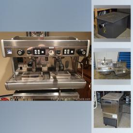 MaxSold Auction: This online auction features tables, lounge chairs, a commercial coffee machine, display refrigerators, shelves, commercial blender, display case, shelving, bar stools, soup kettle, display signs, commercial prep tables, ice maker, panini machine and much more!