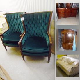 MaxSold Auction: This online auction features antique furniture such as three seat sofa, marble walnut stools, and cherry coffee table, furniture such as dining room table with chairs, cherry wood dresser, and china cabinet, bookshelves, foot boards, table lamps and much more!