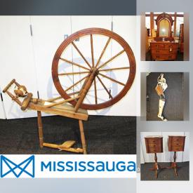 MaxSold Auction: This online auction features vintage tables, antique cradle, spinning wheel, antique desk, framed oil paintings, antique settee frame, vintage books, vintage prosthetic leg and much more!