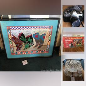 MaxSold Auction: This online auction features artworks, light fixtures, decors, collectibles, electronics, glassware, vintage items, toys, garage tools, shop vac, wheels, soda acid dispenser and much more.