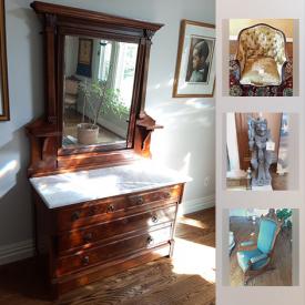 MaxSold Auction: This online auction features furniture, antique items, lamp, MCM glass table, Cement Garden statue, figurines, Limoges, Ikea computer desk, Japanese vases,  Sewing Machine and much more.