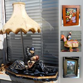 MaxSold Auction: This online auction features artworks, antique items, decor, lamps, LLADRO, vintage violin, Intense Art Deco Pierrots lamp, silverplate teapot, hutschenreuther zodiac plate, figurines, vase, tools and much more.