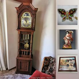 MaxSold Auction: This online auction features costume jewelry, artworks, indoor and outdoor furniture, collectibles, decor, Metal Sculpture, Model of a Geisha, Rhinestone Brooch, Staffordshire Enamels, Grandfathers clock, Royal Albert Teapot, lamps, books and much more.