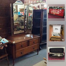 MaxSold Auction: This online auction features jewelry, artwork, furniture, musical instrument, collectibles, decor, vintage items, Barber Shop and coca-cola metal signs, Schwinn Bicycle, Royal Doulton, Chandelier, Folk Art, Pegasus Porcelain Rose Dish Set, Figurines, Commemorative Plates, tools and much more.