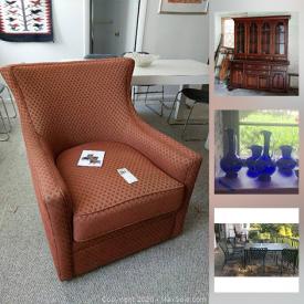 MaxSold Auction: This online auction features furniture such as wood tables, file cabinet, bookcases, chairs, sleeper sofa, nightstand, dresser, bed frames, cabinets, trunks, card table and chairs, china cabinet and more, Waterford, whirlpool dryer and washer, refrigerators, vases, plant stands, mobility and health aids, gardening tools, cleaning supplies, wine rack, Craftsman work bench, weights, exercise bike, luggage, baskets, vintage clothing, books, figurines, fabric, stereo cabinet, frames, office items, cameras, framed prints, electronics, small kitchen appliances, kitchen tools, serving ware, clocks, patio furniture, cow pitcher and much more!
