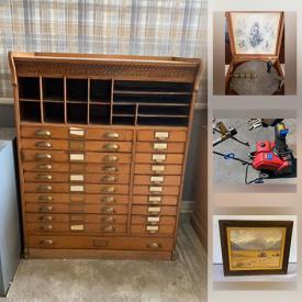 MaxSold Auction: This online auction features porcelain sets, vintage telephone, antique music boxes, vintage typewriter, antique books, vintage office items, wooden and office furniture, paintings, prints, antique and vintage costume Jewelry, vintage antique golf clubs and much more!