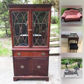 MaxSold Auction: This online auction features vintage wood items, furniture such as antique cabinets, vintage Victorian armchair, sofa and end table, island, corner cabinet, hutch, accent chair, bar stools, secretary's desk and more, tea cups, green glass, white milk glass, tea set, vintage office items, Topaz ring, bicycle, sewing machine and much more!