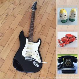 MaxSold Auction: This online auction features a Stratocaster electric guitar, mcm speakers, lamp, fishing items, silver plated tea set, vintage camera, creates, phone, laboratory glass, drafting supplies, porcelain thimbles, antique turnover toaster, old milk bottles, a cast iron pot, boots, wall art, decor, vintage chinese checkers, nesting boxes, art, vintage Tonka jeep, spearheads, coins, spoons, books, comics, die-cast mustang, skeleton key, guitar tuner, solar robot kit and much more!